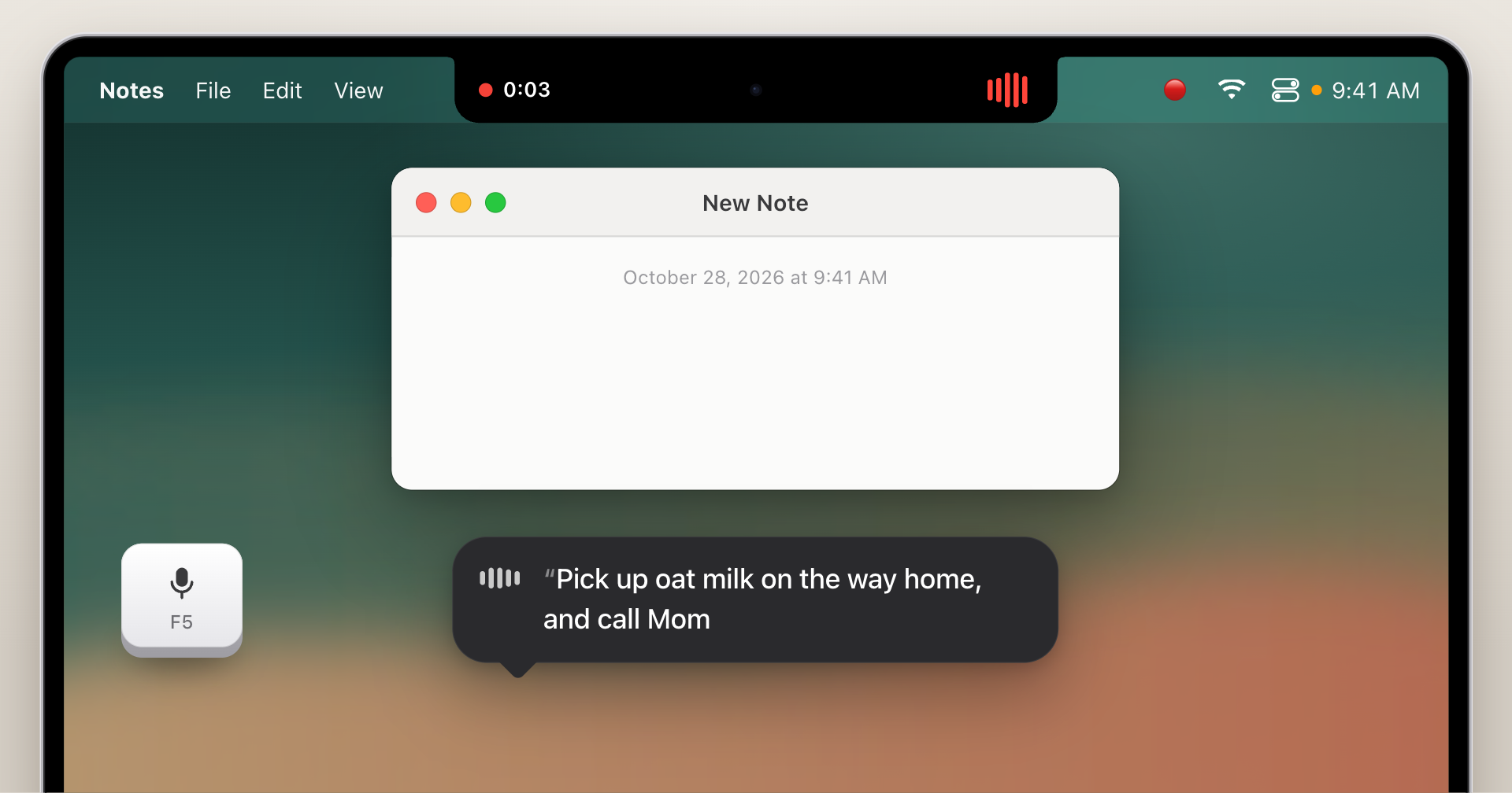Hark on a MacBook. The notch has grown into a black pill with a red dot, a timer and voice bars.